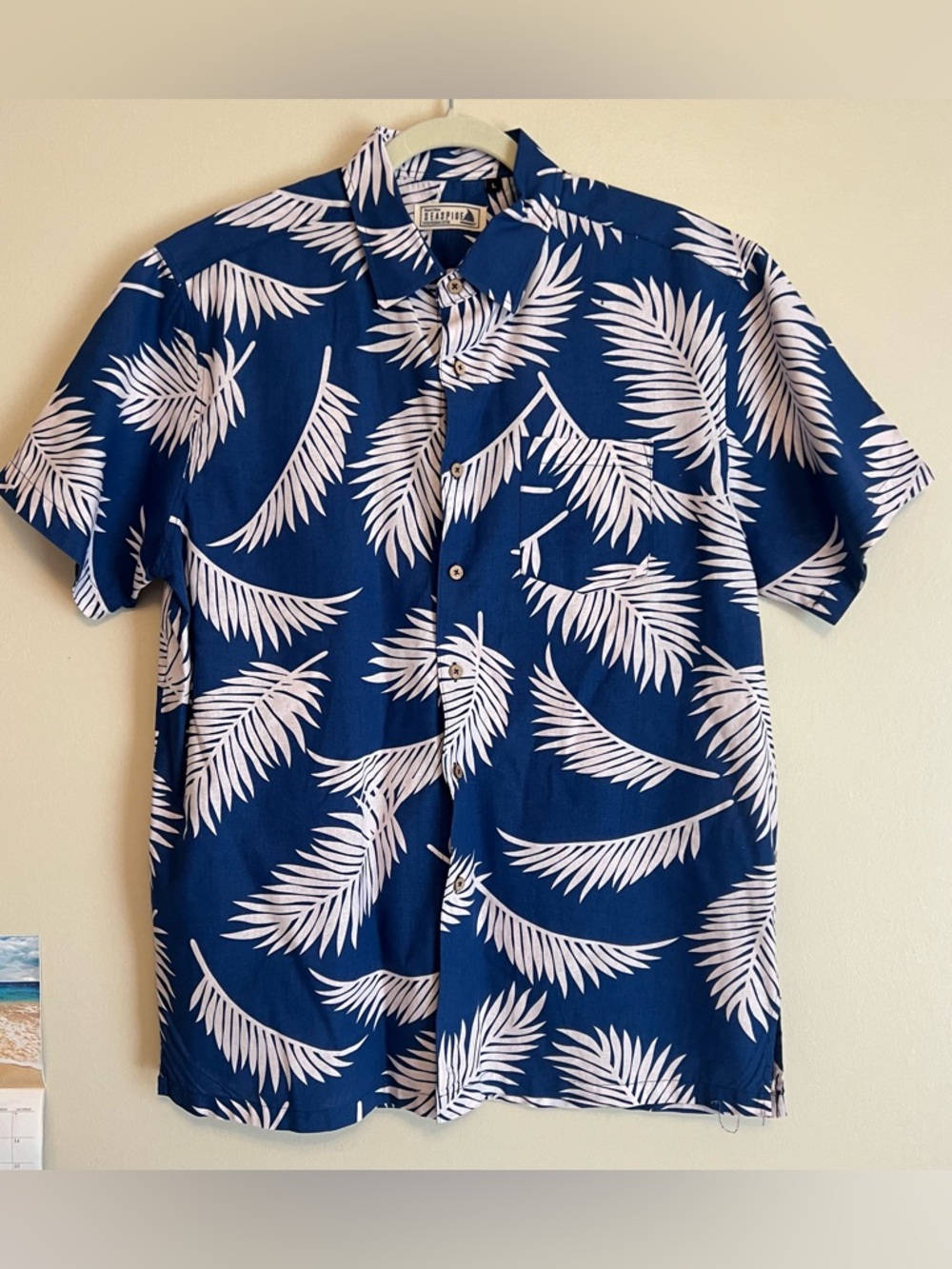 Men's Seaside 100% Lux Cotton Short-Sleeve Tropical Leaf Button-Down Shirt -Navy